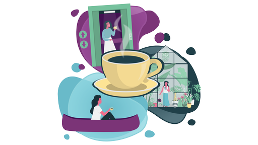 Illustrierte Kaffeetasse, im Hintergrund illustrierte Frau, die im Aufzug, in einem Gewächshaus und in einem Kanu Kaffee trinkt.