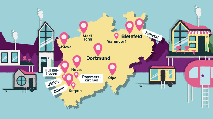 Neben den beispielhaften Illustrationen verschiedener Tiny House-Formen, zeigt eine Karte des Bundeslandes NRW die Orte, an denen es bereits Tiny House-Siedlungen gibt.
