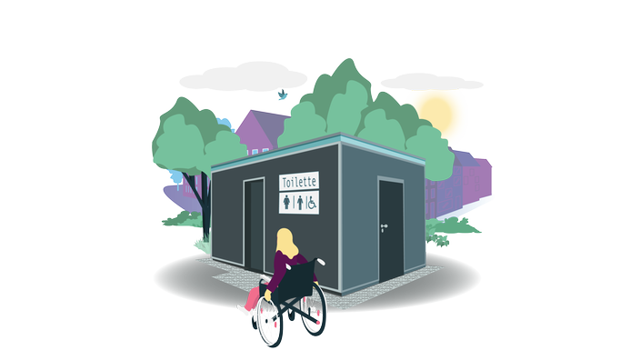 Illustration eines Toiletten-Häuschens mit einer Rollstuhlfahrerin davor. Auf einem Schild sind die Darstellungen einer weiblichen, einer männlichen und einer Person im Rollstuhl zu sehen.