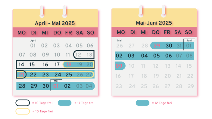 Das Bild zeigt zwei illustrierte Kalender mit den vorgeschlagenen Urlaubstagen.