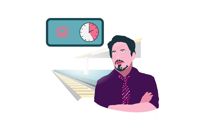 Illustration: Robert Downey Jr. in genervter Pose neben einer Anzeigetafel, auf der zwei Icons - das eines Zuges und das einer Uhr mit markierter Verspätung - die Verspätung eines Zuges anzeigen. Im Hintergrund Schienen und das Gleis eines Bahnhofs.