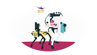 Das Bild zeigt einen Hunderoboter, eine Paketdrohne und einen Serviceroboter.