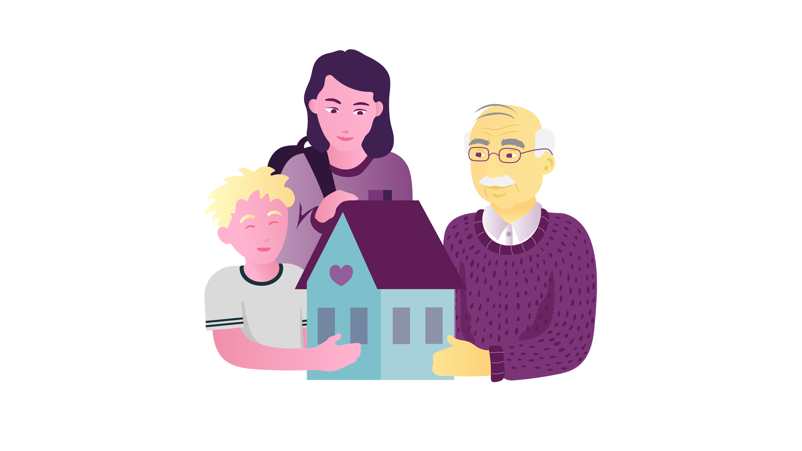 Das Bild zeigt eine Illustration eines Kindes, einer jungen Frau und eines alten Herren, die ein Haus in den Händen halten.