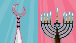 Die linke Bildhälfte zeigt die Spitze von einem Minareth. Die rechte Hälfte zeigt einen Menora. Sollten Zuckerfest und Chanuka zu gesetzlichen Feiertagen werden?