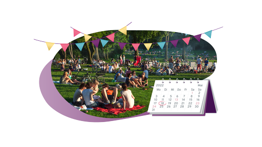 Menschen im Park an einem sonnigen Tag. Im Vordergrund sieht man einen Kalender. 
