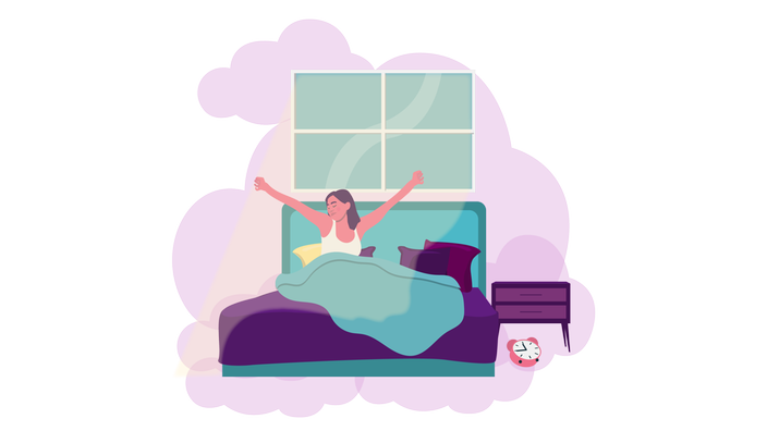 Eine Frau ist aufgewacht und streckt sich umgeben von rosa Wolken im Bett.