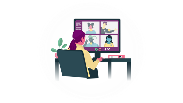 Illustration: Eine weibliche Person an einem Schreibtsich ist mit mehreren Teilnehmer:innen in einem Videochat, den man auf ihrem Bildschirm sehen kann.