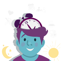 Die Illustration zeigt eine Person mit einer Uhr im Kopf, drumherum sieht man eine Gedankenblase mit verschiedenen kleinen Symbolen, wie Kalender, Pfanne und Herz.