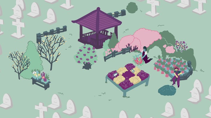 Das Bild zeigt eine Illustration von einem Friedhof, auf dem Gemüse gepflanzt wird.
