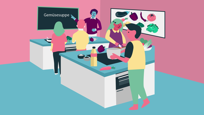Das Bild zeigt eine Illustration vom Kochunterricht in der Schule.