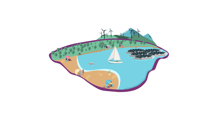 Die Illustration zeigt einen renaturierten See in einer alten Tagebau-Grube. Mit Segelboot, schwimmenden Photovoltaikanlagen und Windkraftanlagen im Hintergrund.