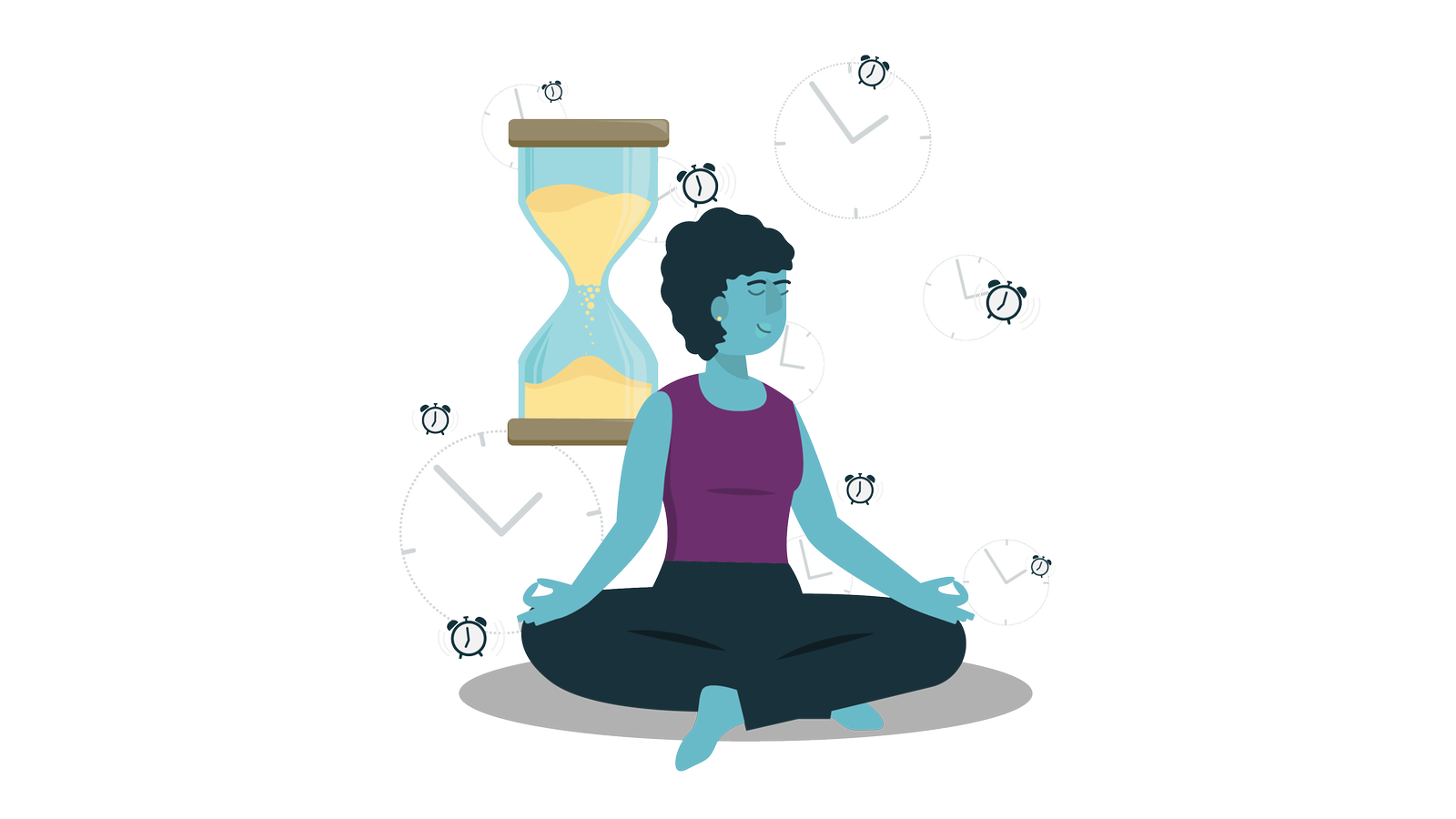 Eine Frau sitzt im Schneidersitz inmitten fliegender Uhren und Wecker und meditiert. Im Hintergrund ist eine große Sanduhr.