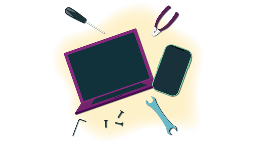 Das Bild zeigt eine Illustration eines Laptops und eines Smartphones, die von Werkzeugen umkreist werden.