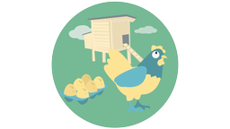 Illustration: Neben einem Karton Eier steht ein Huhn, im Hintergrund ist ein Hühnerstall.
