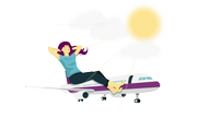 Das Bild ist eine Illustration von einer Person, die entspannt auf einem Flugzeug sitzt und die Sonne genießt.