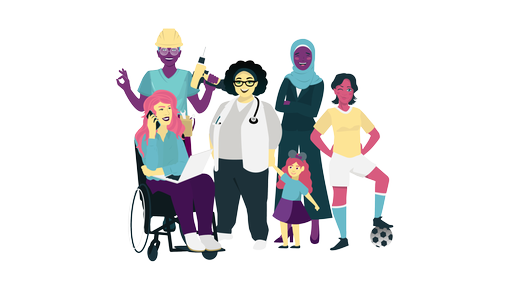 Fünf verschiedene Frauen repräsentieren am Weltfrauentag Gleichstellung: Eine Handwerkerin, eine Frau im Rollstuhl mit Lap Top auf dem Schoß, eine Ärztin, die ein kleines Mädchen an der Hand hält, eine Bürofachangestellte und eine Fußballspielerin.
