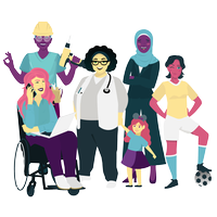 Fünf verschiedene Frauen repräsentieren am Weltfrauentag Gleichstellung: Eine Handwerkerin, eine Frau im Rollstuhl mit Lap Top auf dem Schoß, eine Ärztin, die ein kleines Mädchen an der Hand hält, eine Bürofachangestellte und eine Fußballspielerin.