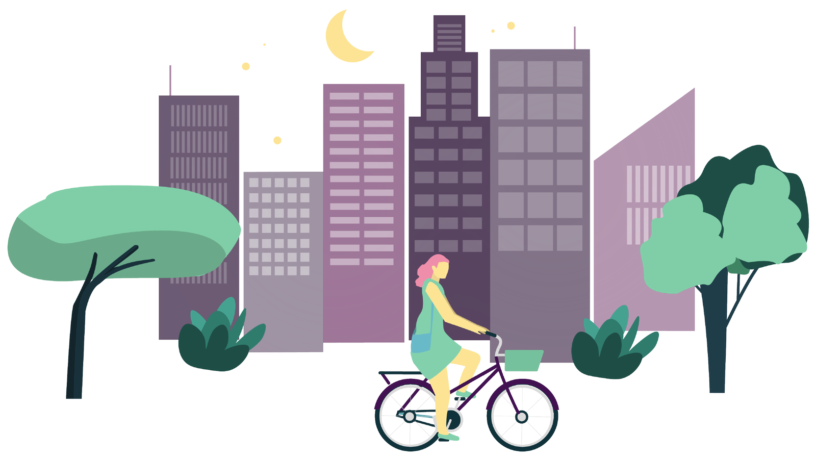 Eine gezeichnete Stadt mit einer Radfahrerin.
