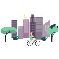 Eine gezeichnete Stadt mit einer Radfahrerin.