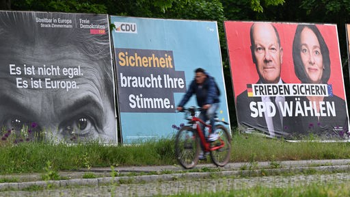 Ein Radfahrer fährt an Großplakaten von FDP (l-r), CDU und SPD zur Europawahl vorbei.