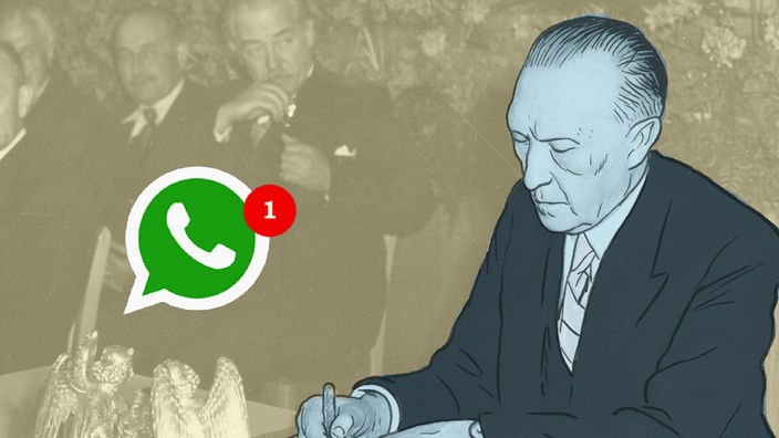 Illustration: Konrad Adenauer schreibt am Tisch sitzend, Grafikmontage von einem Whatsapp Icon.