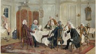 "Kant und seine Tischgenossen" - Gemälde von Emil Doerstling, um 1900, das zeigt, wie Immanuel Kant am Tisch sitzend ein Schriftstück hält und andere Tischgenossen sich ihm zuwenden.