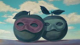 Zwei Äpfel mit Augenmasken, René Magritte, Ausschnitt aus dem Wandgemälde "Die verwunschene Gegend"