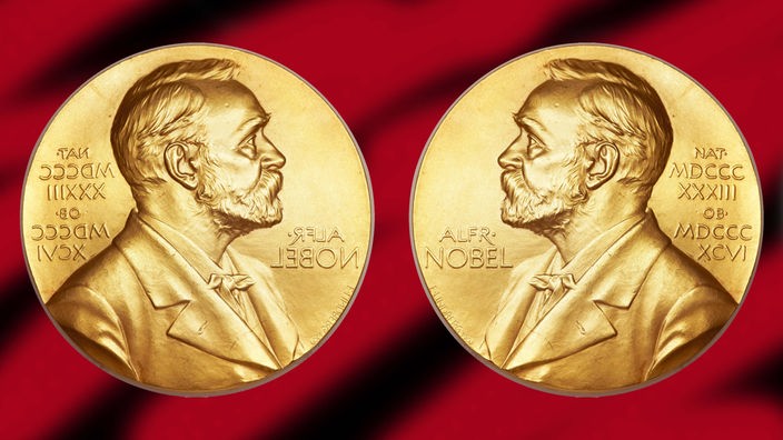 Vorderseite der Nobelpreis-Medaille mit einem Abbild von Alfred Nobel