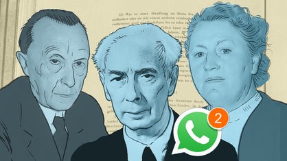 Illustration der Personen Konrad Adenauer, Elisabeth Selbert und Theodor Heuss vor dem Foto des Grundgesetztextes mit Whatsapp-Symbol.