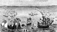 Die Spanische Armada, Kriegsflotte vom König Philipp II., historischer Stich