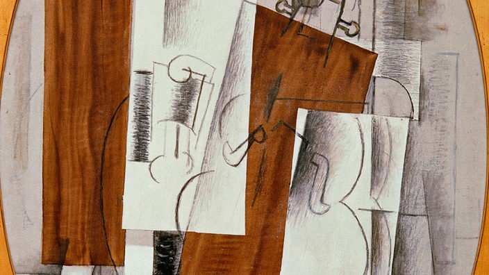 Gemälde "Violine und Glas", Öl, Kohle und Holzmaserpapier auf Leinwand, inter 1912/1913