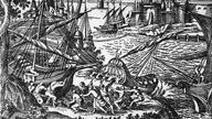 Türkische Schiffe werden über Land in das Goldene Horn gezogen, Radierung aus dem 17. Jahrhundert