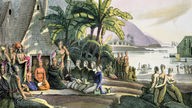 Otto von Kotzebue (mittig sitzend) und König Kamehameha auf Hawaii