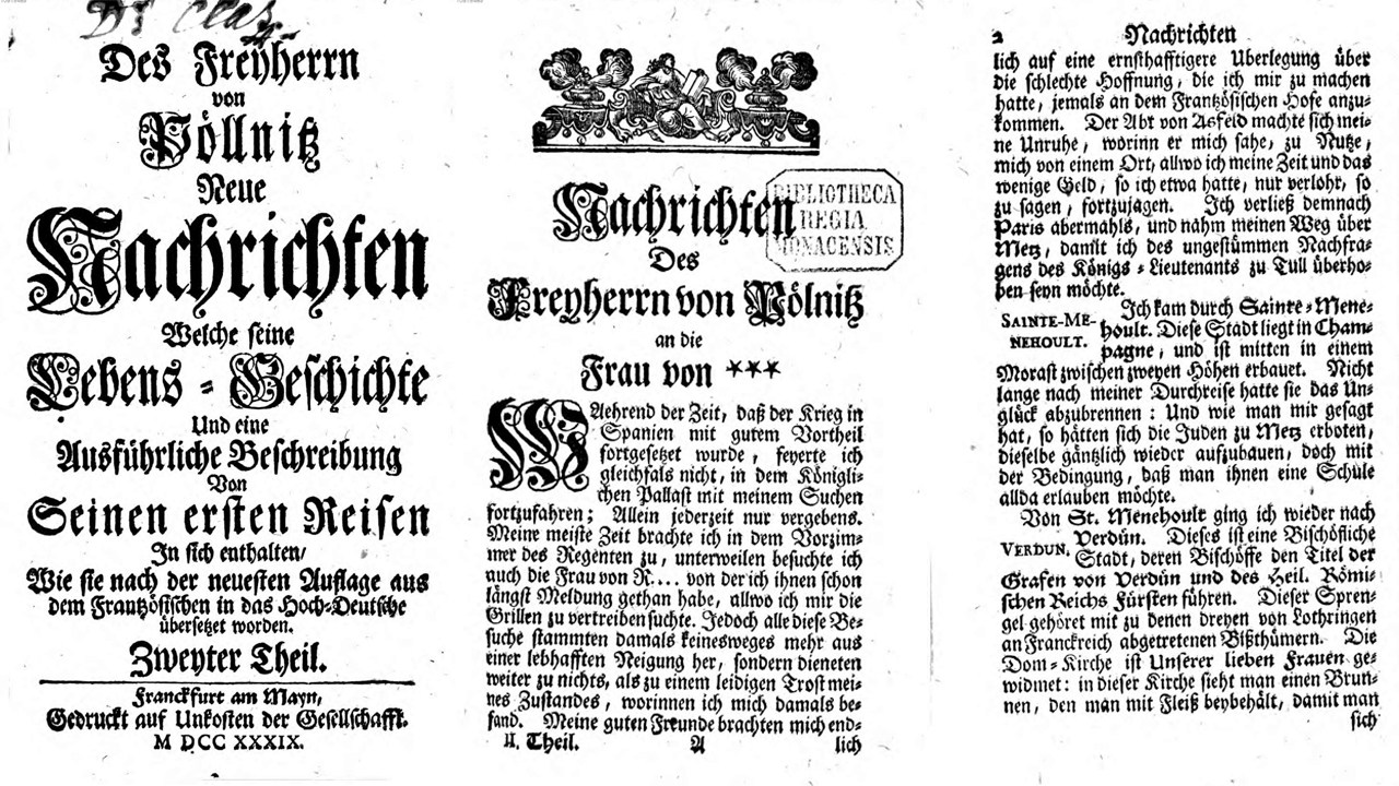 "Des Freiherrn von Pöllnitz Neue Nachrichten", Frankfurt 1739