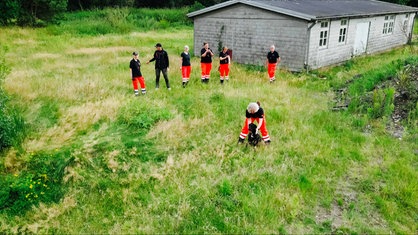 Auf einer Wiese stehen Menschen in Einsatzkleidung und Hunde.