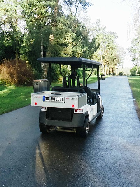 Eine Straße gesäumt von zwei Grünflächen. Ein kleines Auto steht auf der Straße.