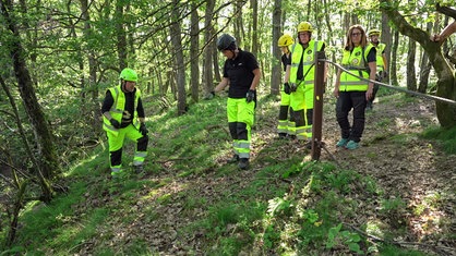 Eine Gruppe von Fährtenlesern beim Training im Wald.