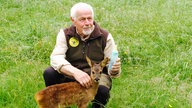 Jäger Hermann Carl streichelt Rehkitz Susi und hält ihr eine Nuckelflasche hin. Susi schaut aber Richtung Kamera.