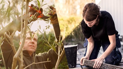 Symbolbild: Auf der linken Seite des Bildes schneidet ein Mann eine Hecke, auf der rechten Seite legt eine junge Frau Pflastersteine