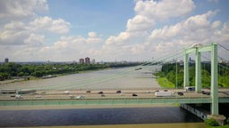 Blick auf eine große, grüne Autobahnbrücke über den Rhein in Köln