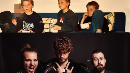 Collage aus zwei Fotos: im oberen Teil des Bildes sitzen drei, kleine Jungs auf Couch im unteren Teil Bandfoto von drei erwachsenen Männern