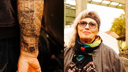 Links ein Arm mit einem Bergbau-Tattoo, rechts ein Portrait von Inge.