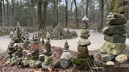 Viele Hügel aus tausenden Steinen im Wald in Kleve