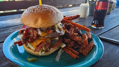 Ein Bürger und Pommes auf einem blauen Teller.