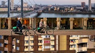 Aufnahmen aus verschiedenen Städten aus NRW: Ein Blick auf den Rhein, in die Münsteraner Innenstadt und eine Hochhaussiedlung