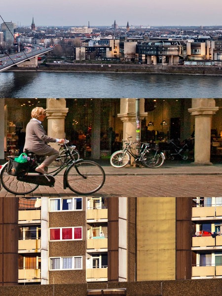 Aufnahmen aus verschiedenen Städten aus NRW: Ein Blick auf den Rhein, in die Münsteraner Innenstadt und eine Hochhaussiedlung