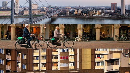 Aufnahmen aus verschiedenen Städten aus NRW: Ein Blick auf den Rhein, in die Münsteraner Innenstadt und eine Hochhaussiedlung