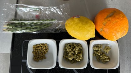 Hopfenpallets, Rosmarin, eine Zitrone und eine Orange.