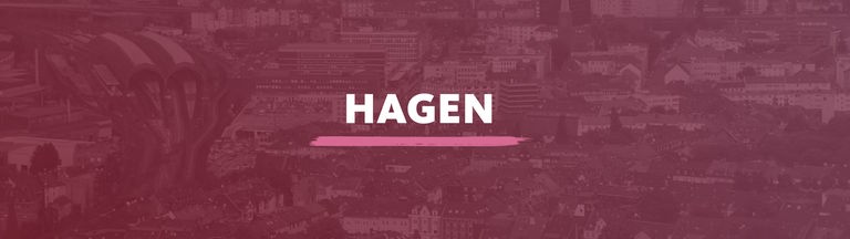 Der Blick von oben auf die Stadt Hagen. Darauf der Schriftzug "Hagen".