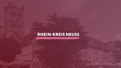 Blick über den Markt auf das Quirinusmünster in Neuss. Darauf der Schriftzug "Rhein-Kreis Neuss".
